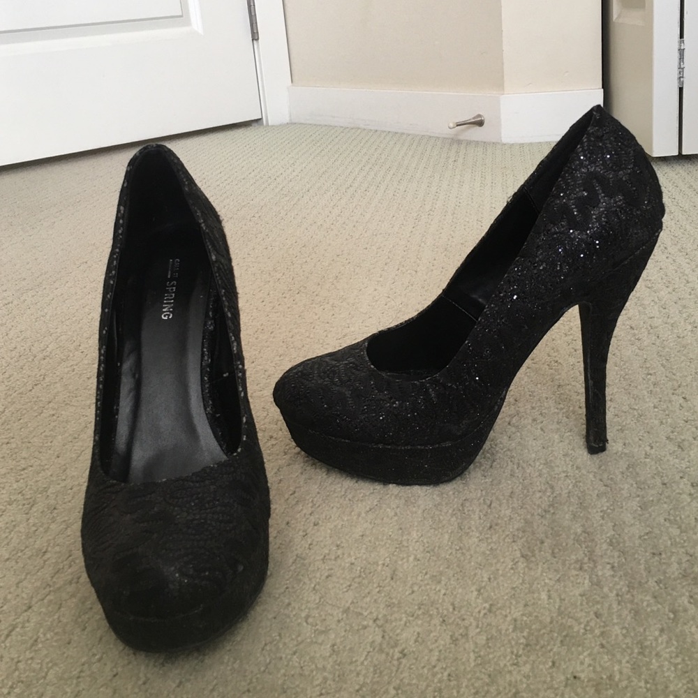 Call it spring glamorous black lace sparkly heels